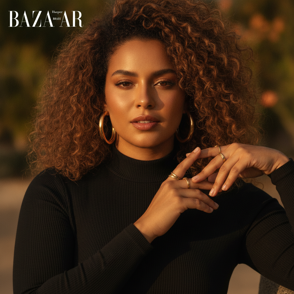 Lilly Joias - High fashion editorial portrait of an authentic Brazilian woman with warm caramel skin, luxurious de