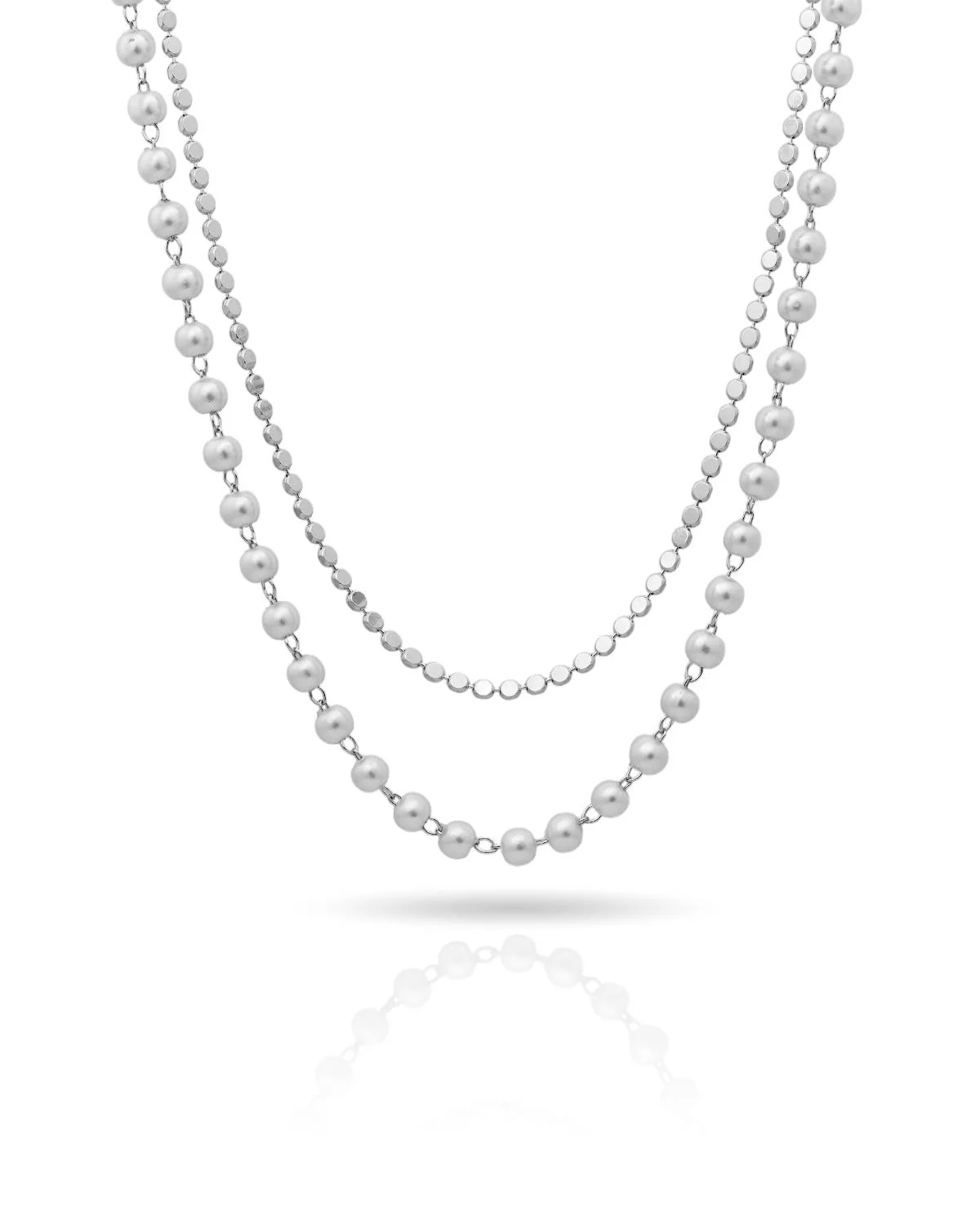 Choker Dupla Pérolas e Corrente Plaquinhas Achatadas - 35 cm