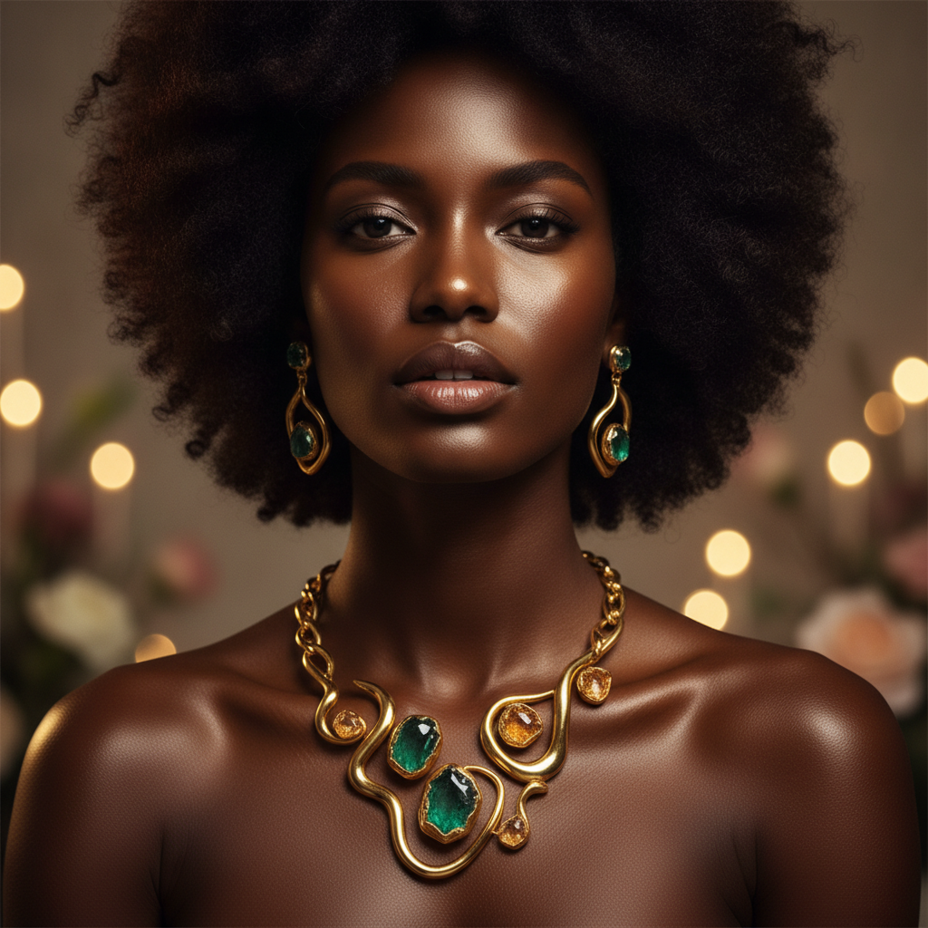 Lilly Joias - Guia Completo: Como Escolher Joias de Acordo com Sua Paleta de Cores - Editorial Mulher Negra Retinta / Alta Joalheria Ouro 18k