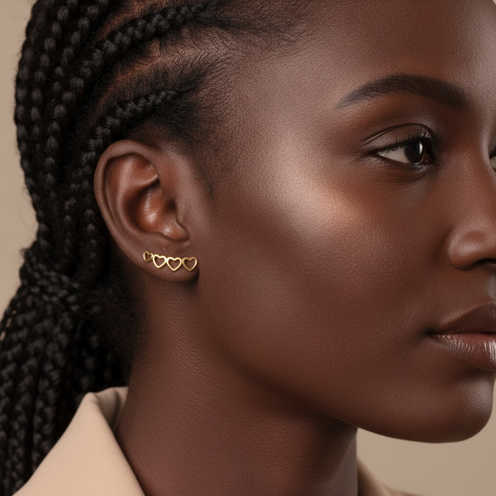 Ear Cuff Quatro Corações Detalhes Banhado a Ouro 18K