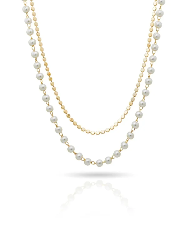 Choker Dupla Pérolas e Corrente Plaquinhas Achatadas - 35 cm - Foto 5